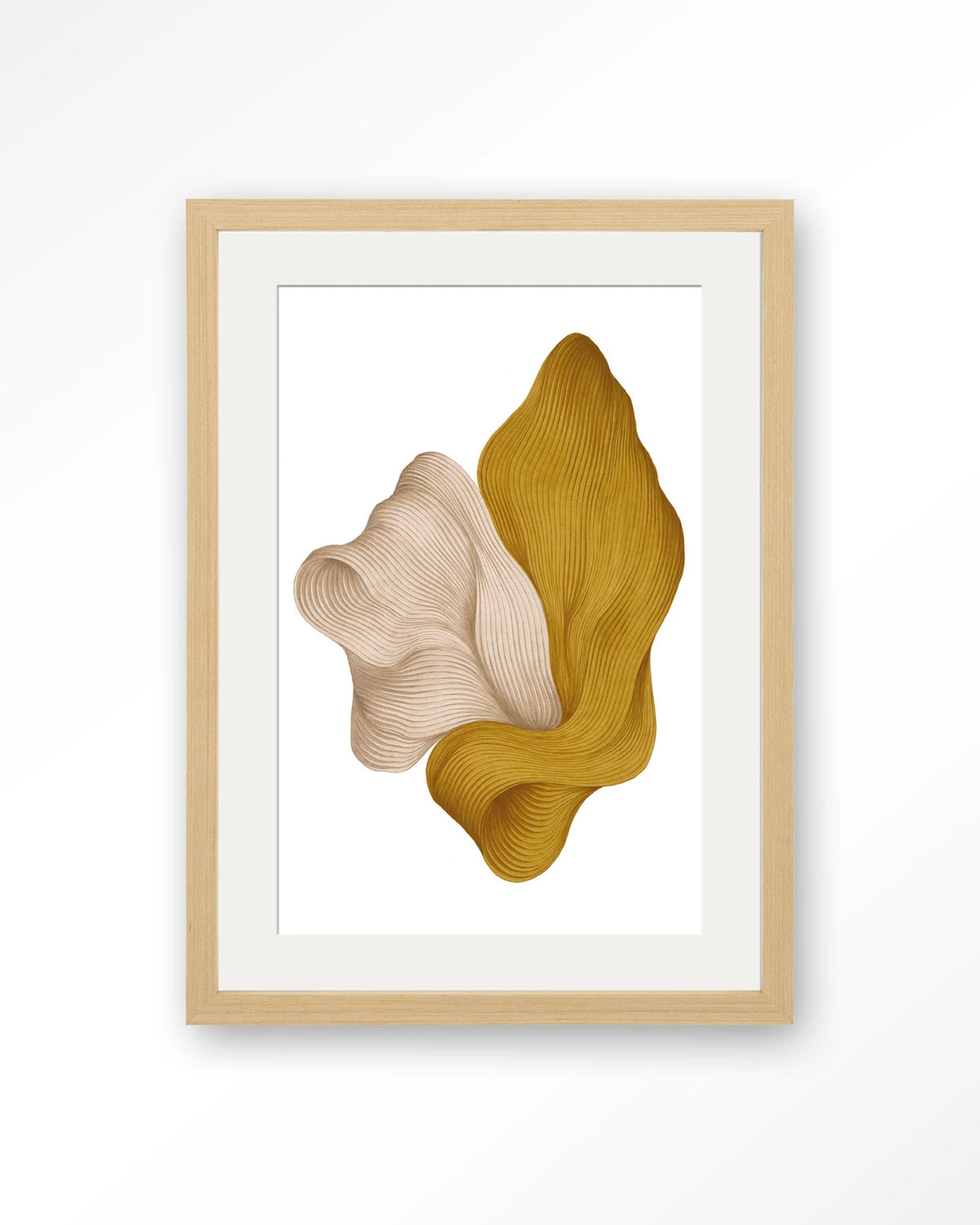 DWG-L – abstracte golvende vormen in geel en beige – Art print – Hout naturel + passe-partout
