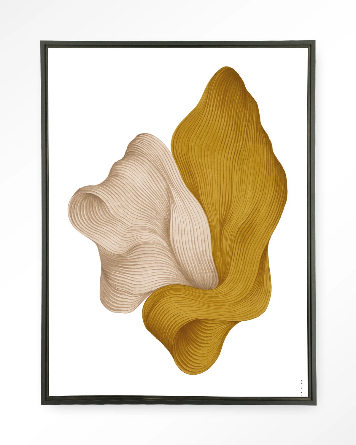 DWG-L – abstracte golvende vormen in geel en beige – Wandkleed – Floating frame – zwart