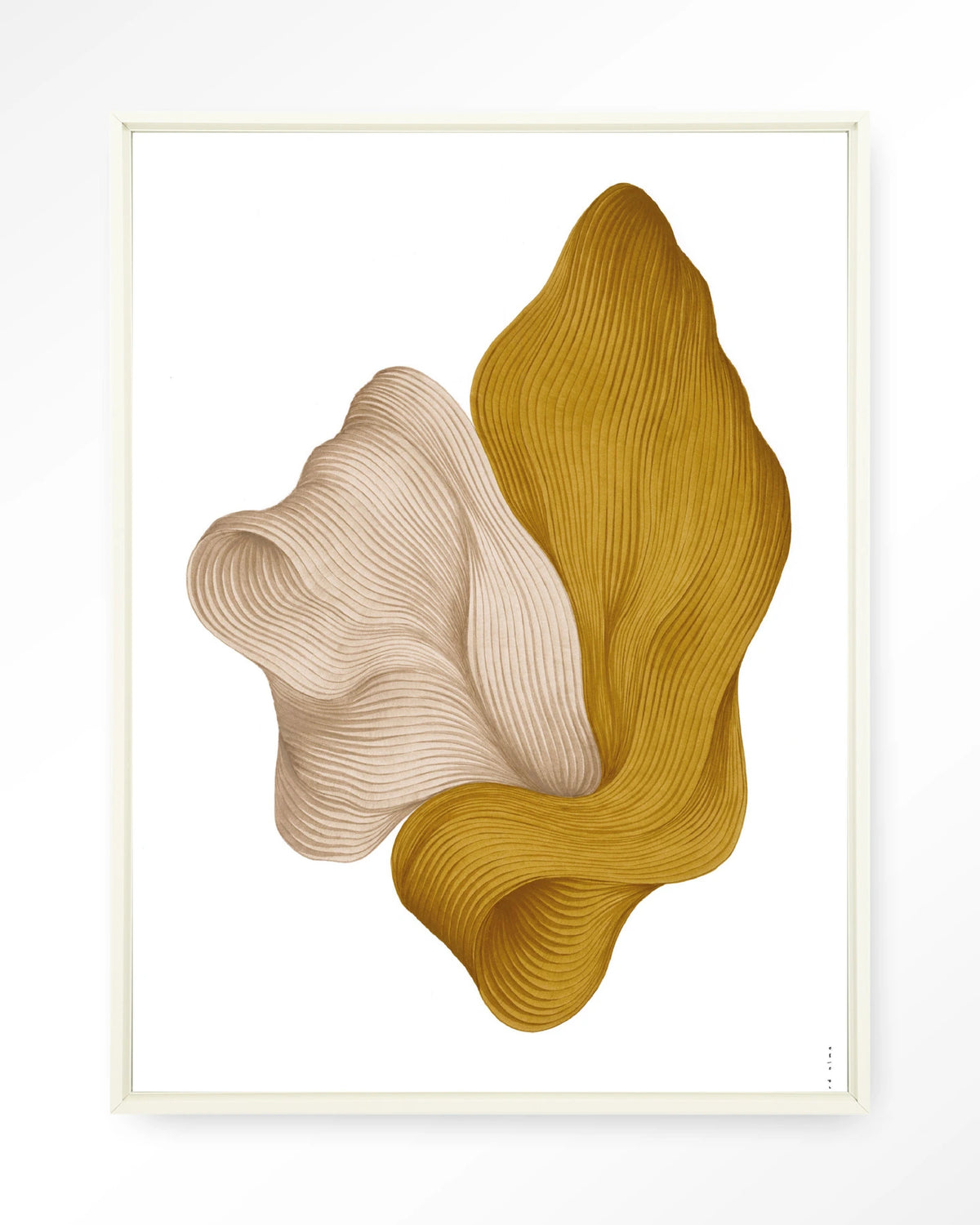 DWG-L – abstracte golvende vormen in geel en beige – Wandkleed – Floating frame – wit
