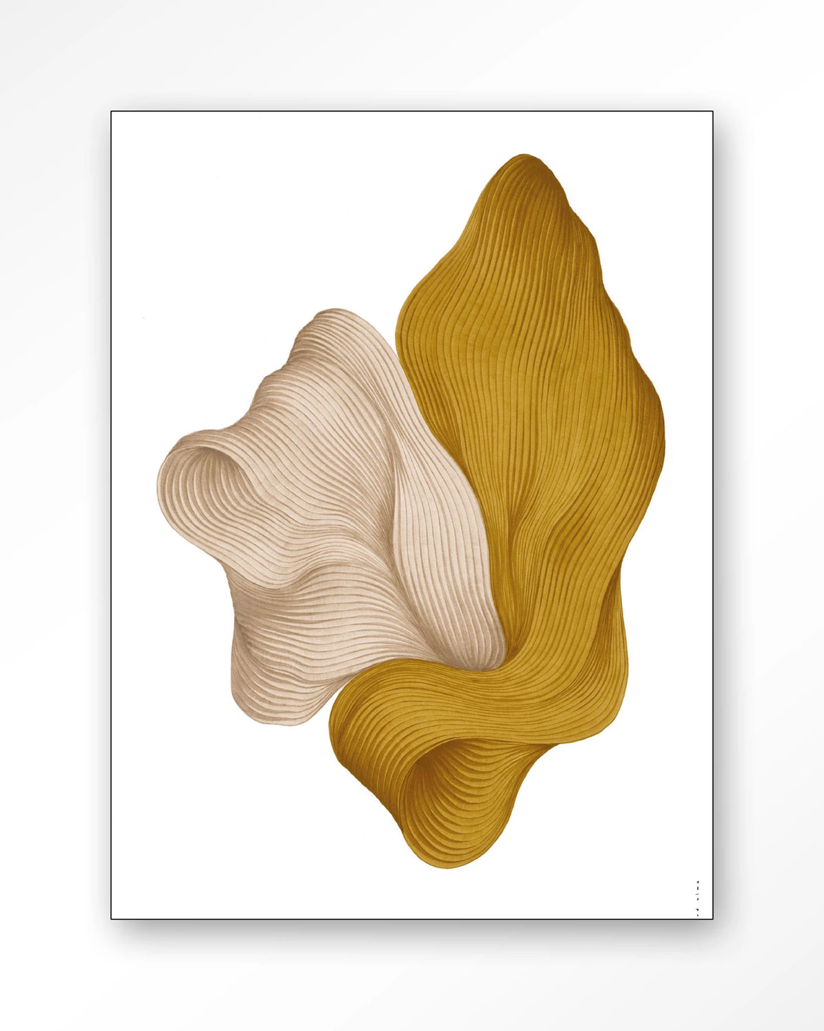DWG-L – abstracte golvende vormen in geel en beige – Wandkleed – Frame – zwart