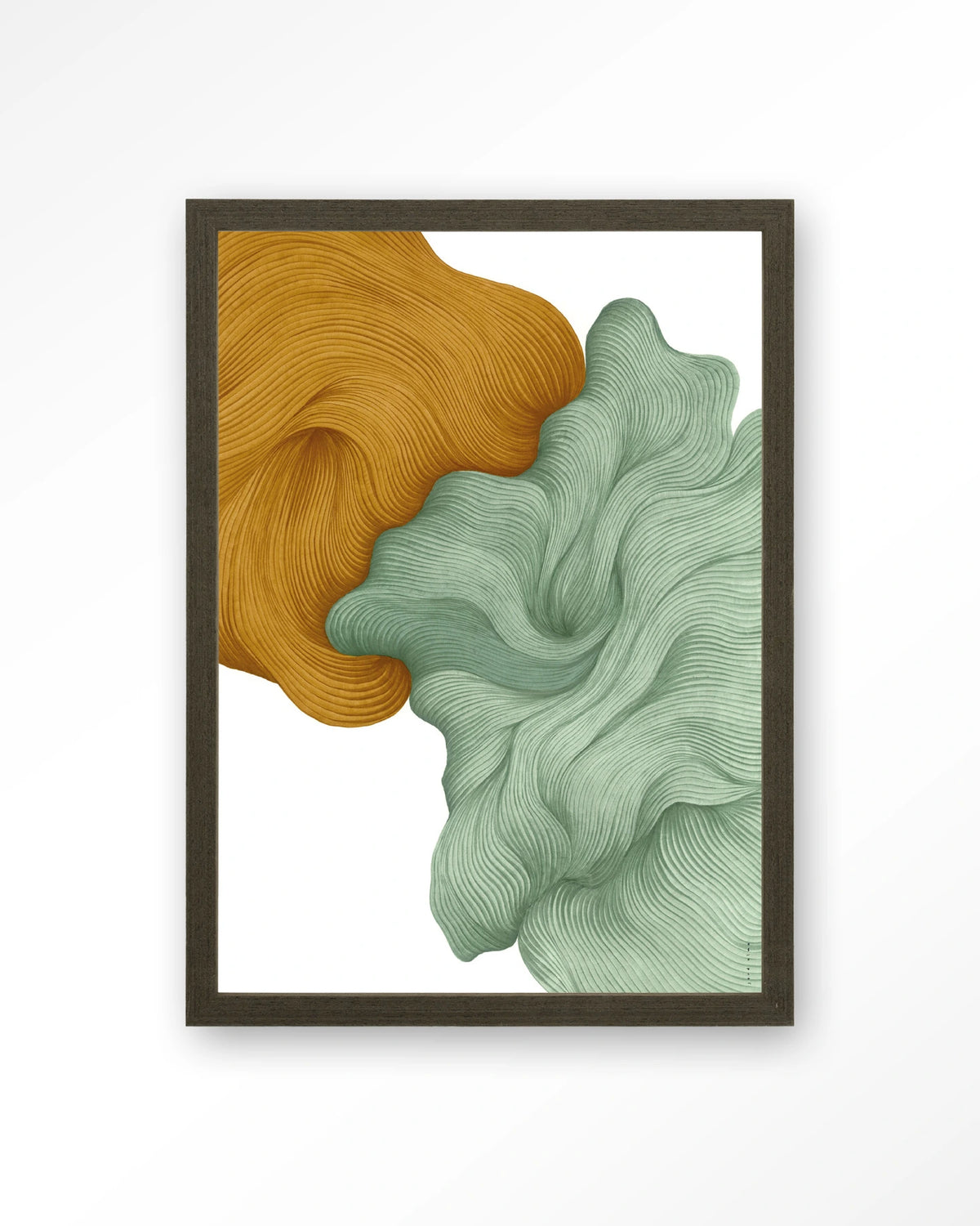 DWG-T – abstracte golvende vormen in geel en groen – Art print – Hout donkerbruin