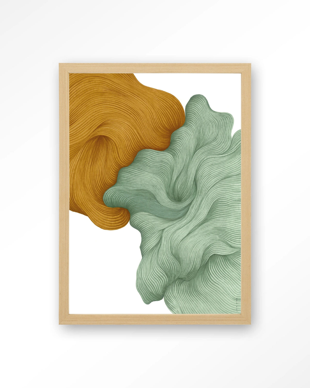 DWG-T – abstracte golvende vormen in geel en groen – Art print – Hout naturel