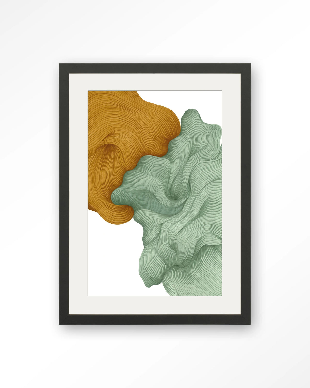 DWG-T – abstracte golvende vormen in geel en groen – Art print – Hout zwart + passe-partout