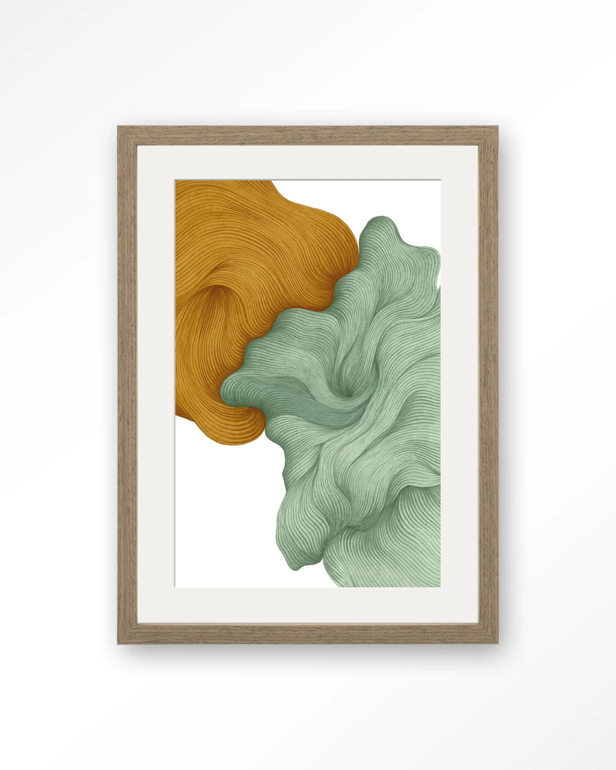 DWG-T – abstracte golvende vormen in geel en groen – Art print – Hout bruin + passe-partout