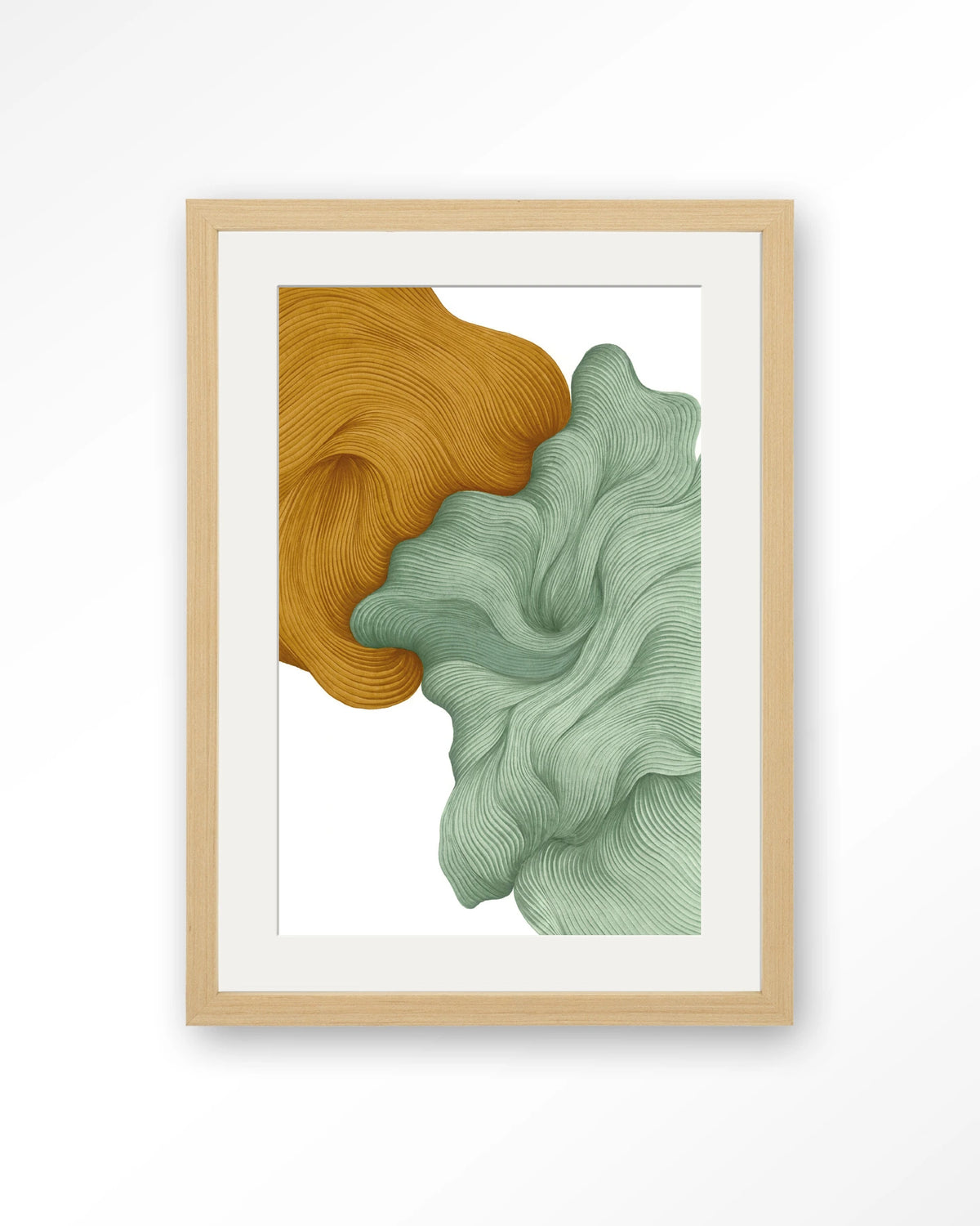 DWG-T – abstracte golvende vormen in geel en groen – Art print – Hout naturel + passe-partout