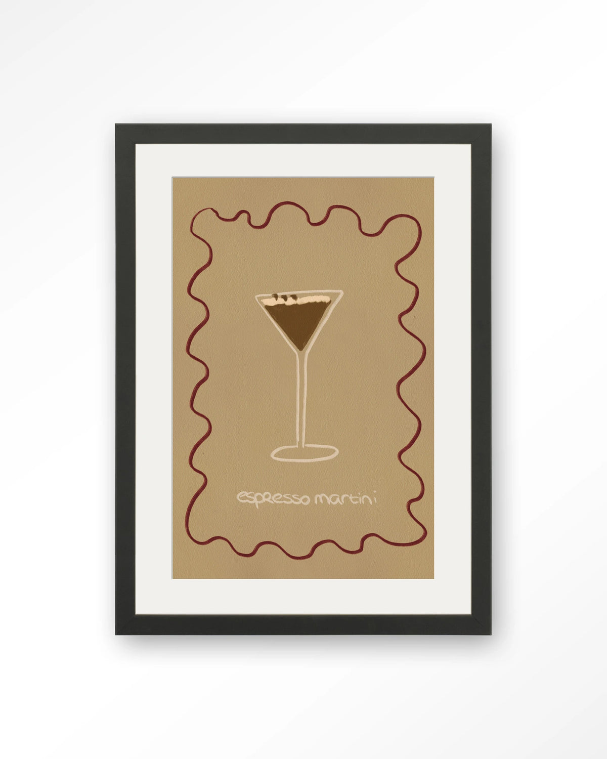 Esma – espresso martini illustratie – Art print – Hout zwart + passe-partout