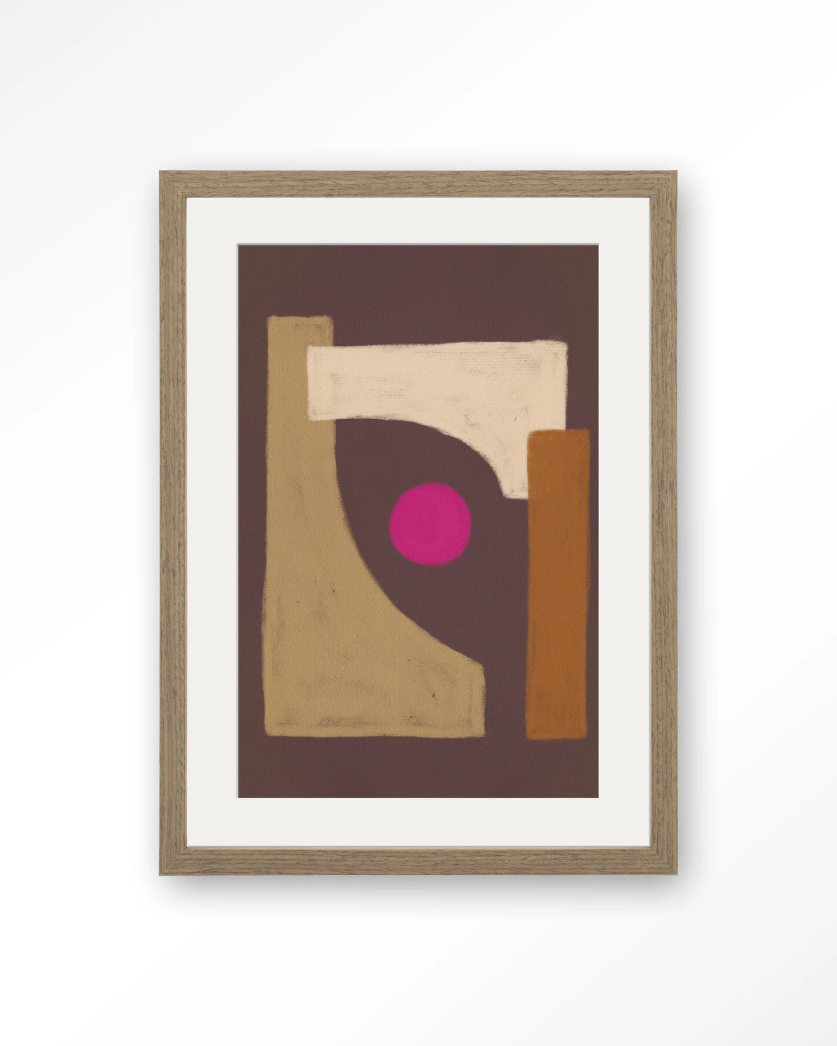 Marrakech – abstract in bruin met roze cirkel – Art print – Hout bruin + passe-partout