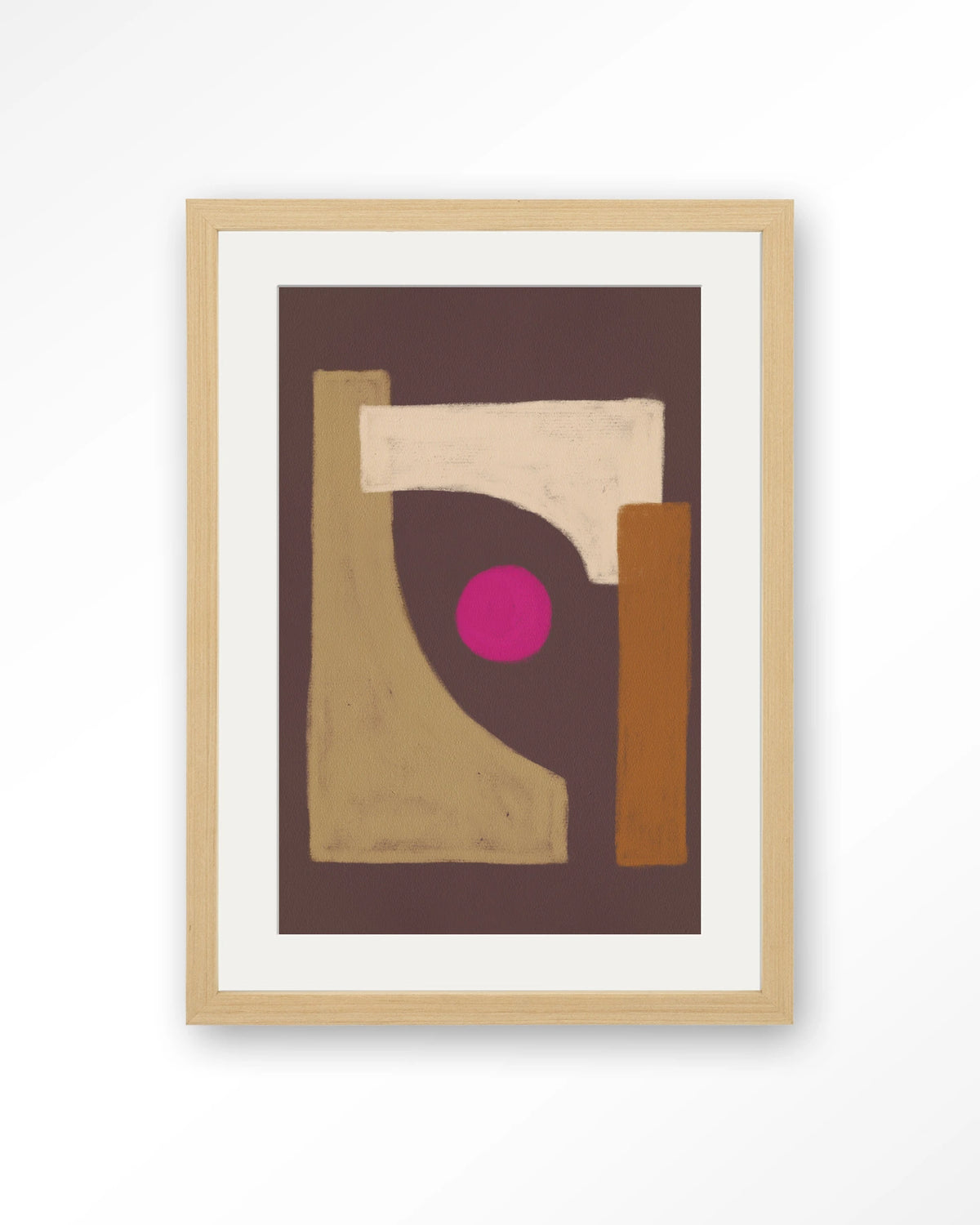 Marrakech – abstract in bruin met roze cirkel – Art print – Hout naturel + passe-partout
