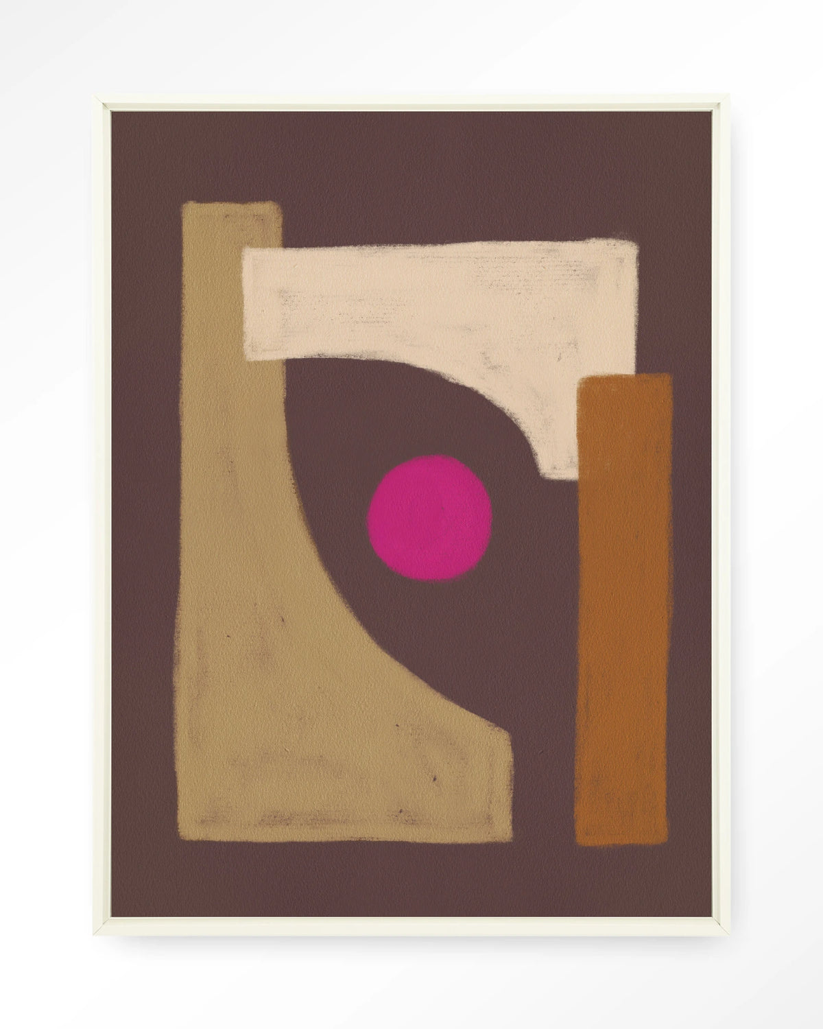 Marrakech – abstract in bruin met roze cirkel – Wandkleed – Floating frame – wit