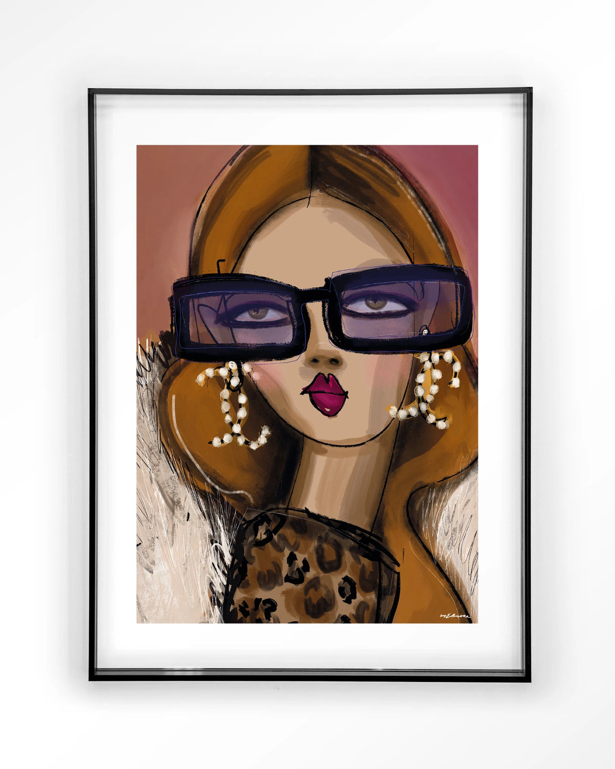 Diva – vrouw met zonnebril en parels – Art print – Acryl zwart