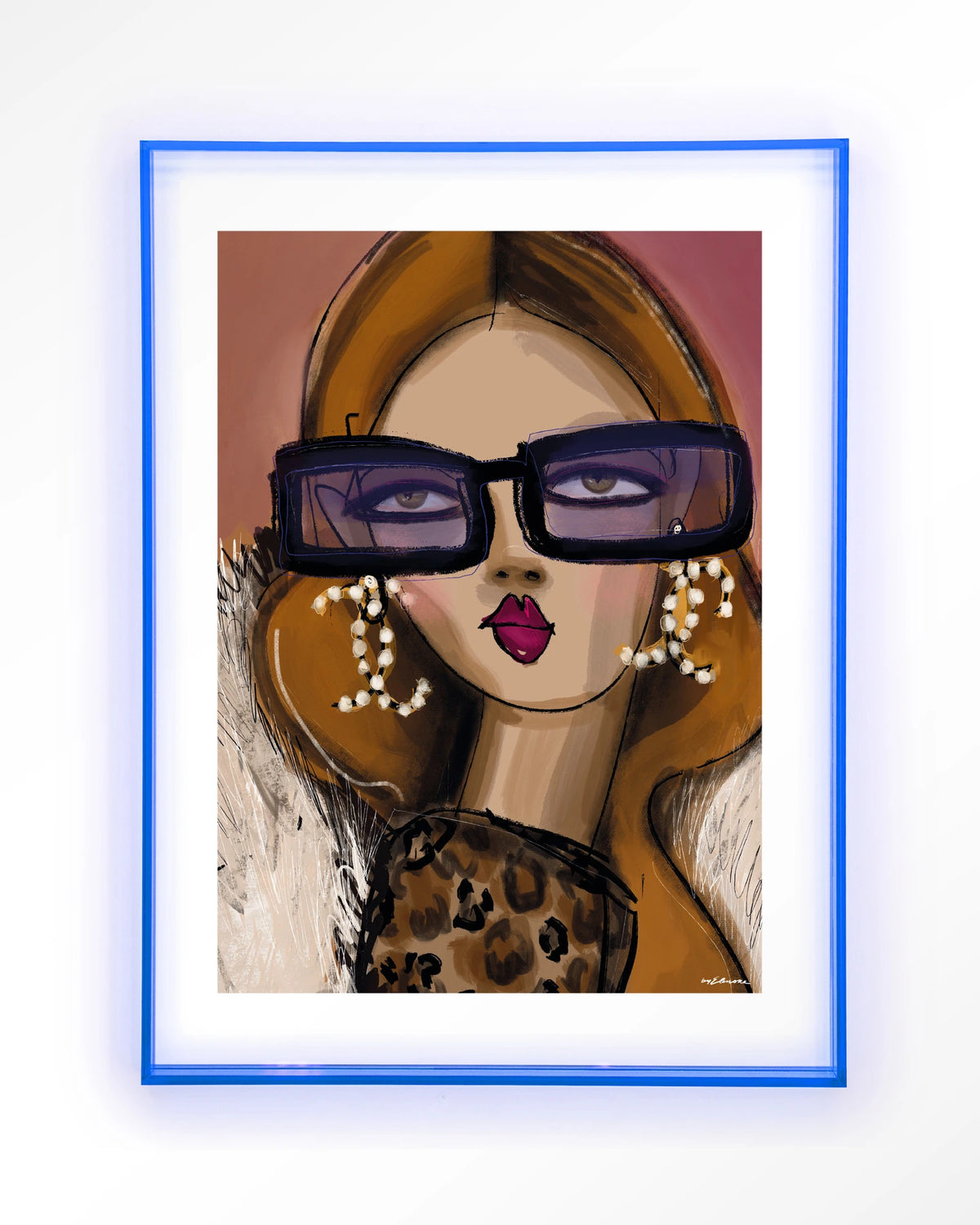 Diva – vrouw met zonnebril en parels – Art print – Acryl lichtblauw