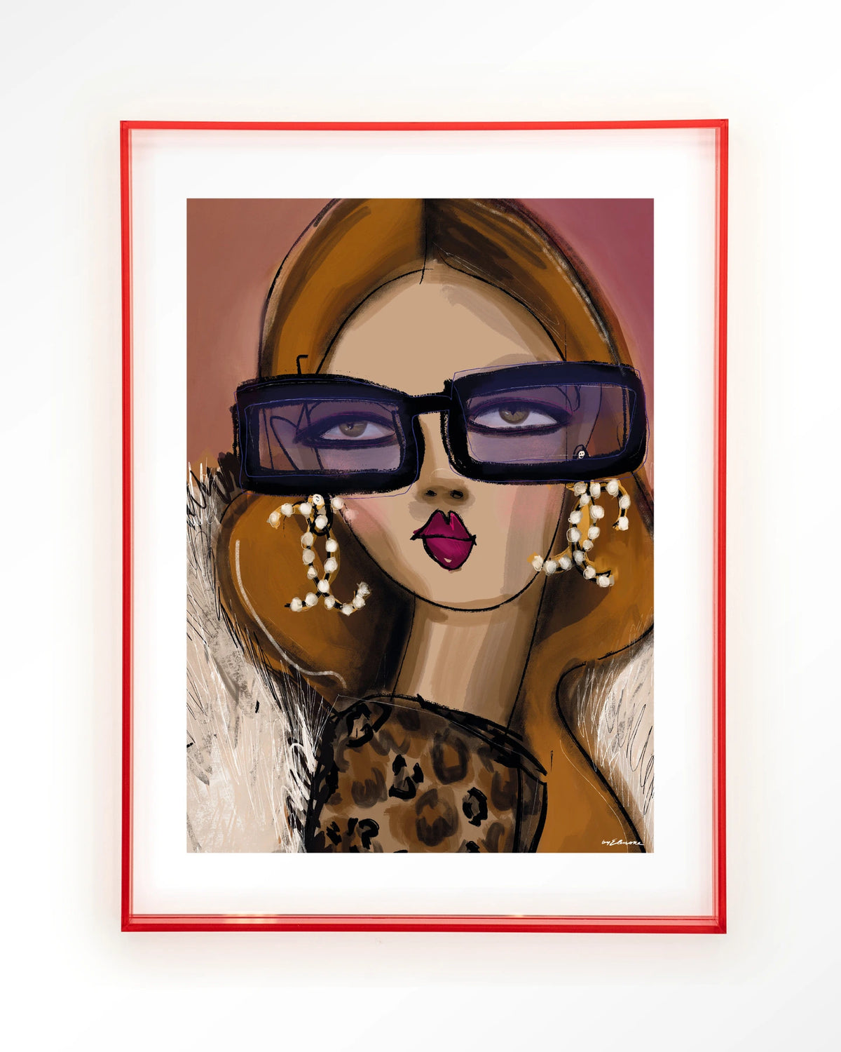 Diva – vrouw met zonnebril en parels – Art print – Acryl roze
