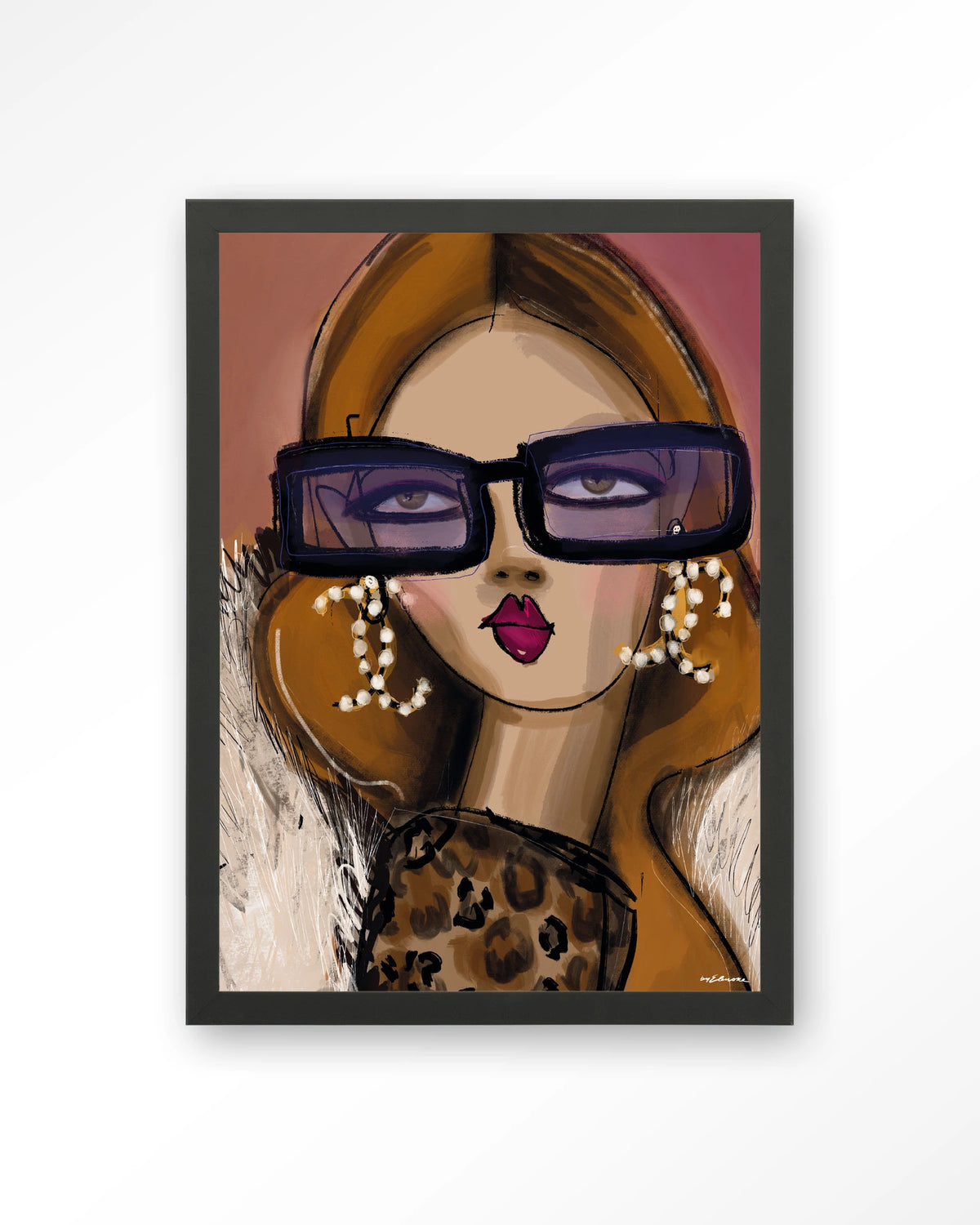 Diva – vrouw met zonnebril en parels – Art print – Hout zwart