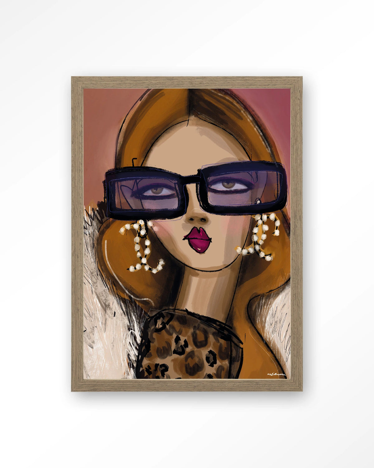 Diva – vrouw met zonnebril en parels – Art print – Hout bruin