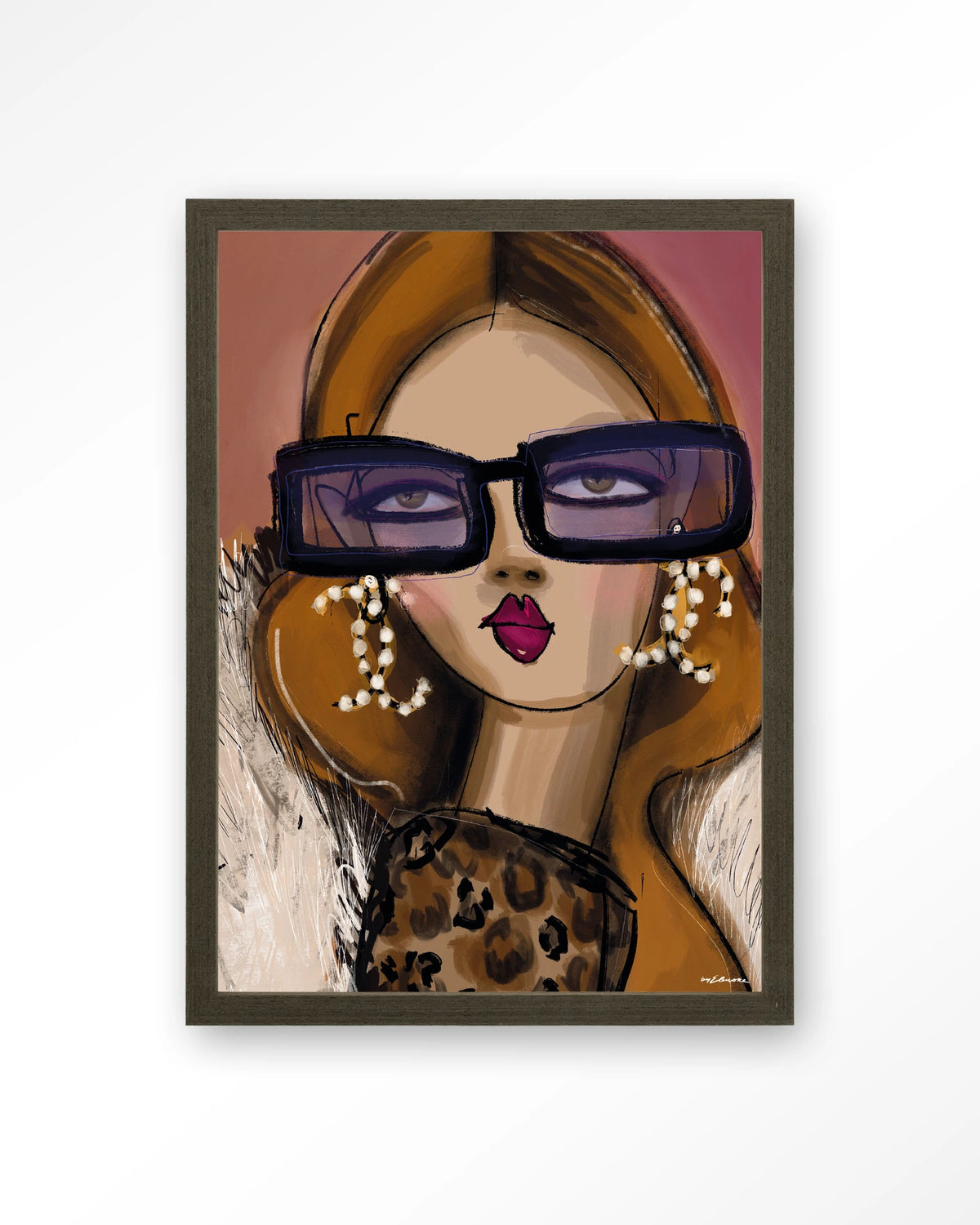 Diva – vrouw met zonnebril en parels – Art print – Hout donkerbruin