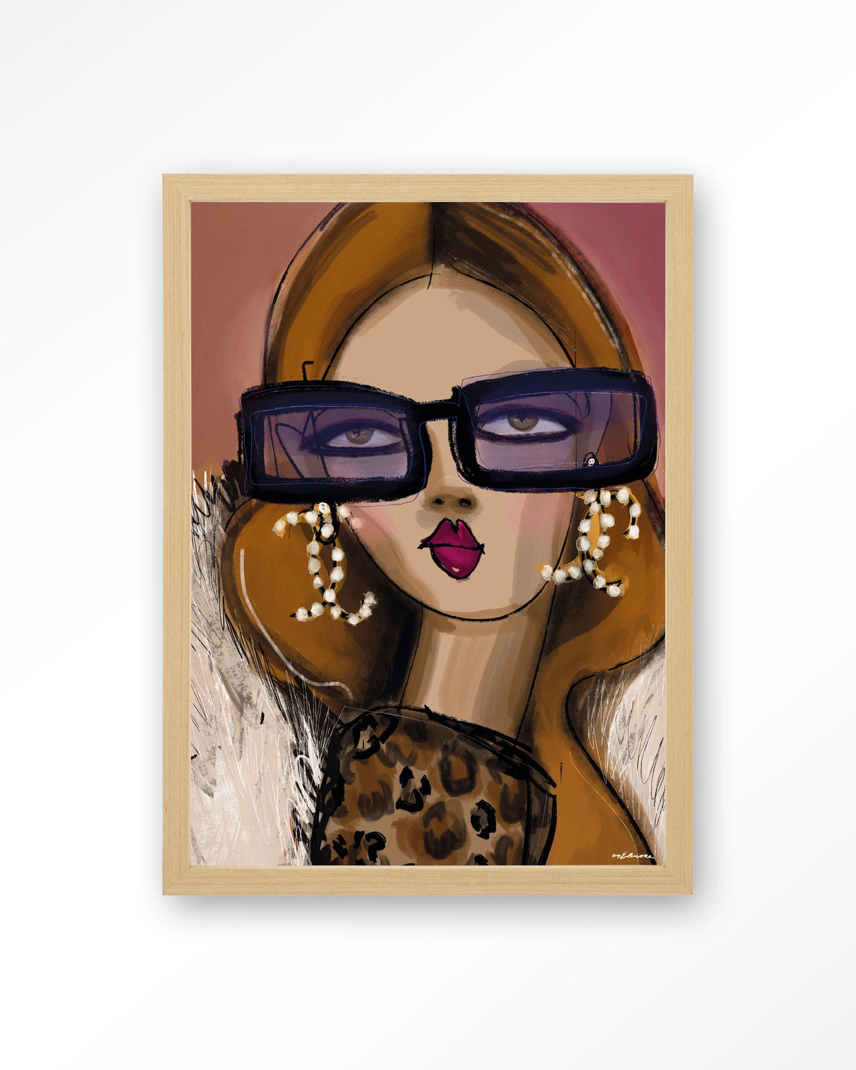 Diva – vrouw met zonnebril en parels – Art print – Hout naturel
