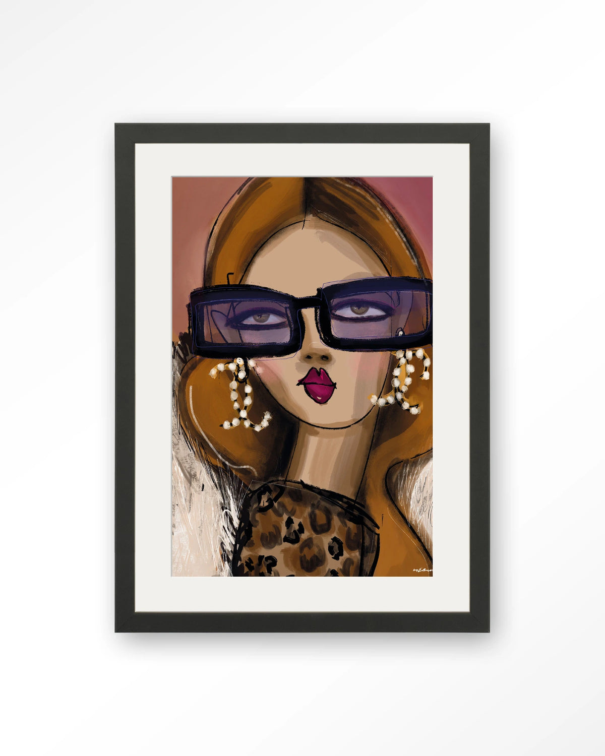 Diva – vrouw met zonnebril en parels – Art print – Hout zwart + passe-partout