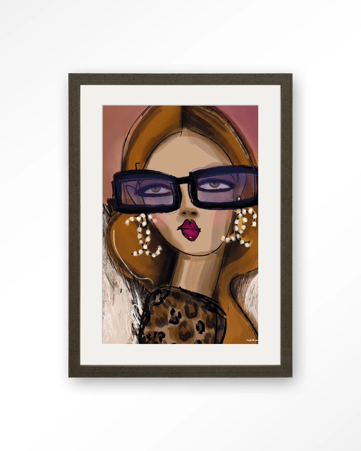 Diva – vrouw met zonnebril en parels – Art print – Hout donkerbruin + passe-partout