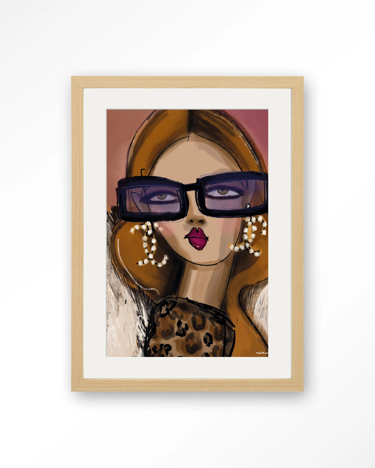 Diva – vrouw met zonnebril en parels – Art print – Hout naturel + passe-partout