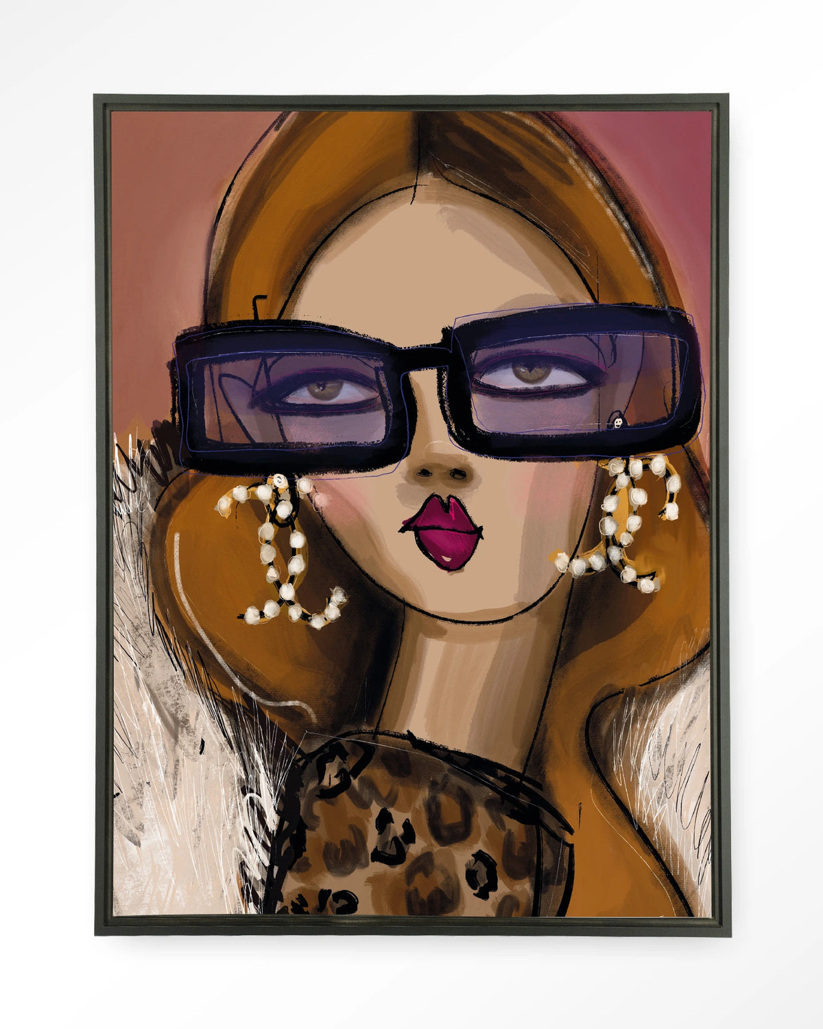 Diva – vrouw met zonnebril en parels – Wandkleed – Floating frame – zwart