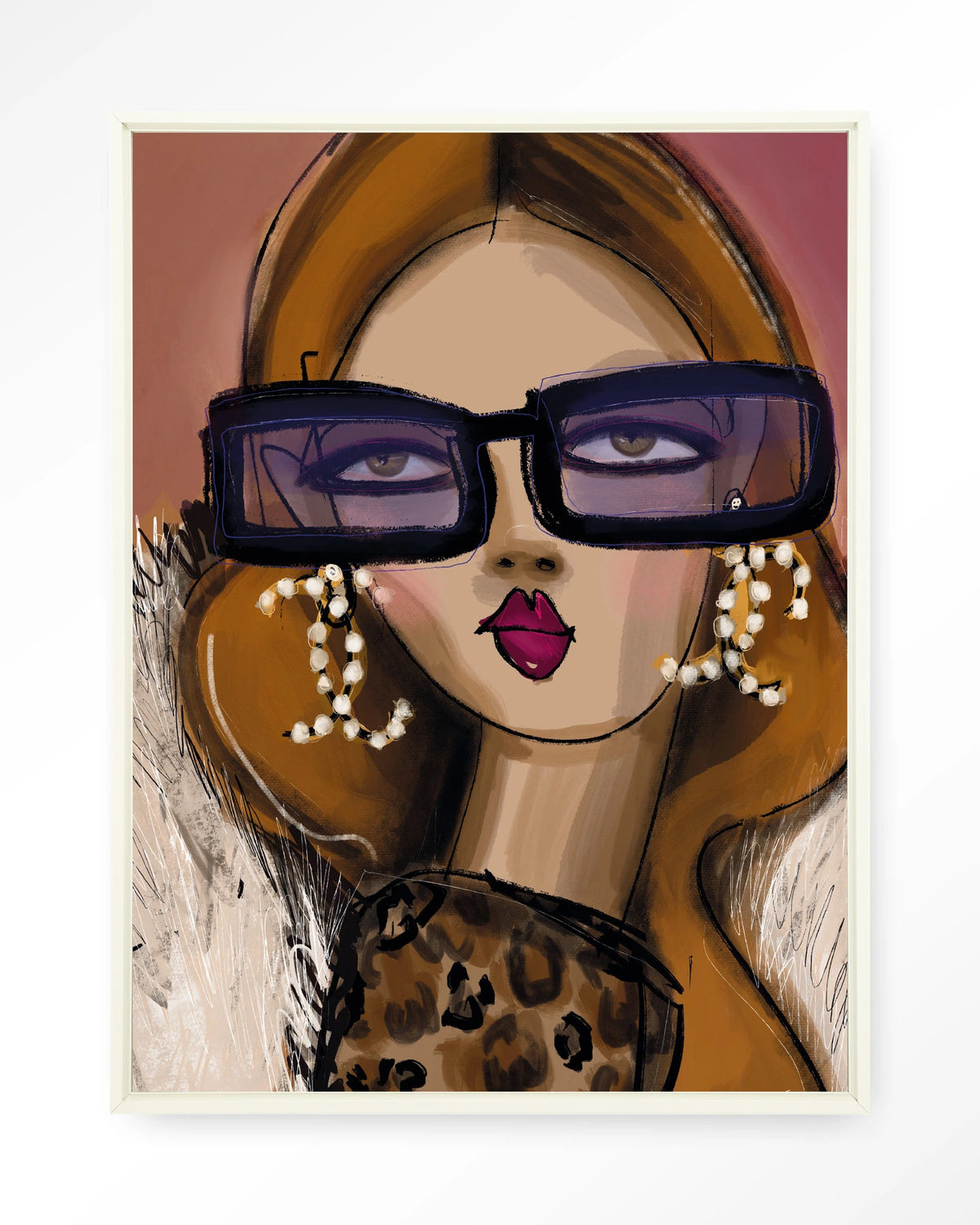 Diva – vrouw met zonnebril en parels – Wandkleed – Floating frame – wit