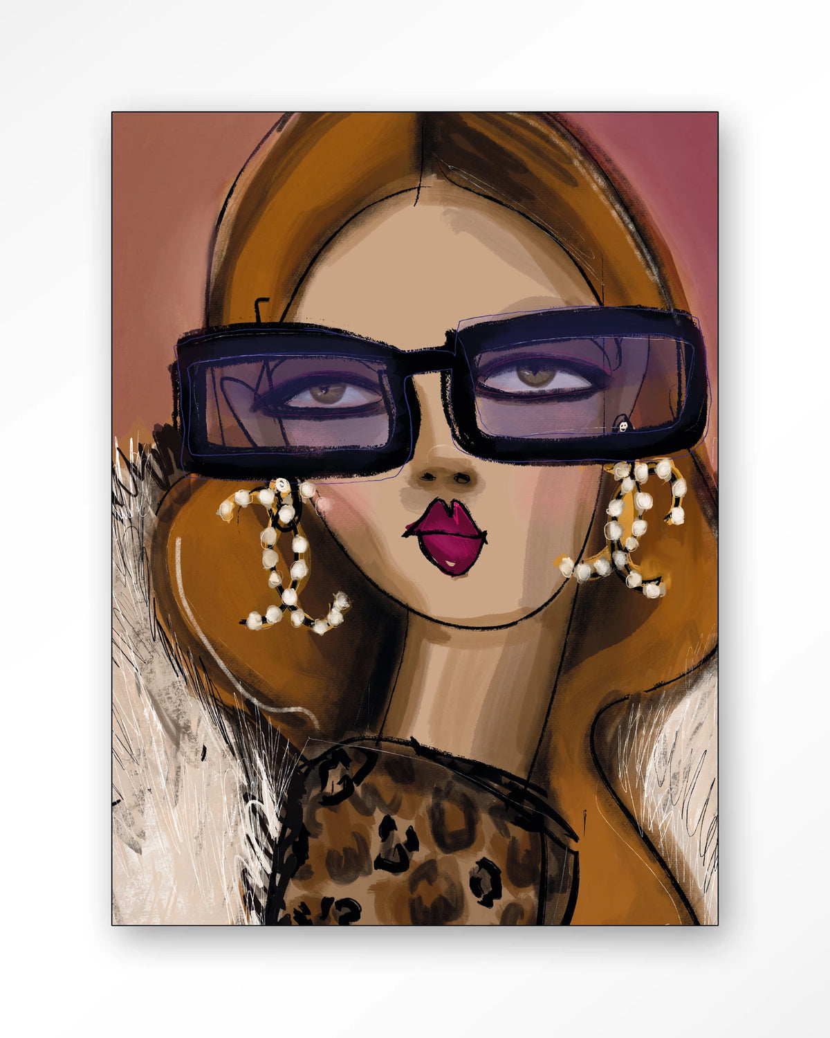 Diva – vrouw met zonnebril en parels – Wandkleed – Frame – zwart