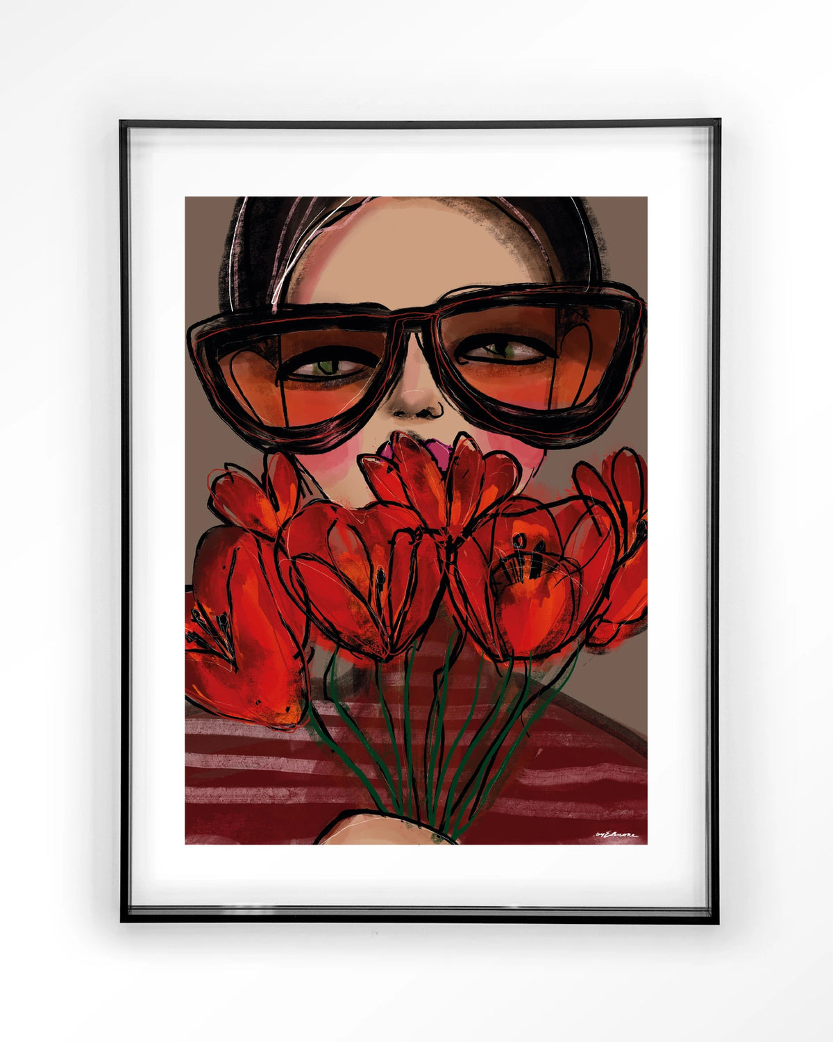 Poppy – vrouw met zonnebril en rode tulpen – Art print – Acryl zwart