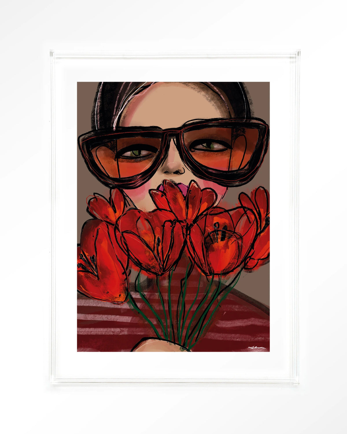 Poppy – vrouw met zonnebril en rode tulpen – Art print – Acryl doorzichtig