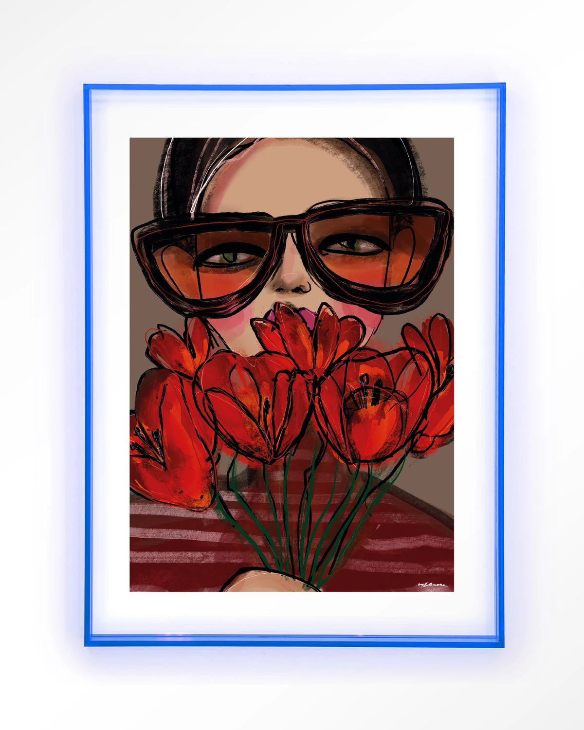Poppy – vrouw met zonnebril en rode tulpen – Art print – Acryl lichtblauw