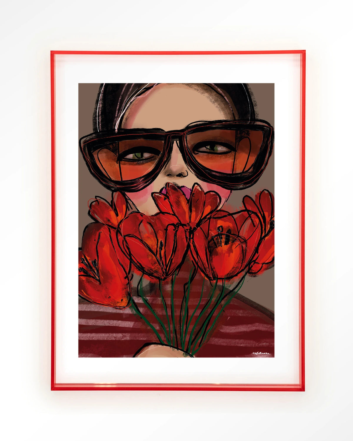 Poppy – vrouw met zonnebril en rode tulpen – Art print – Acryl roze