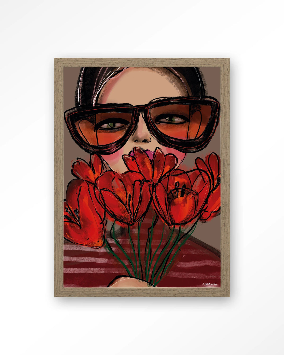 Poppy – vrouw met zonnebril en rode tulpen – Art print – Hout bruin