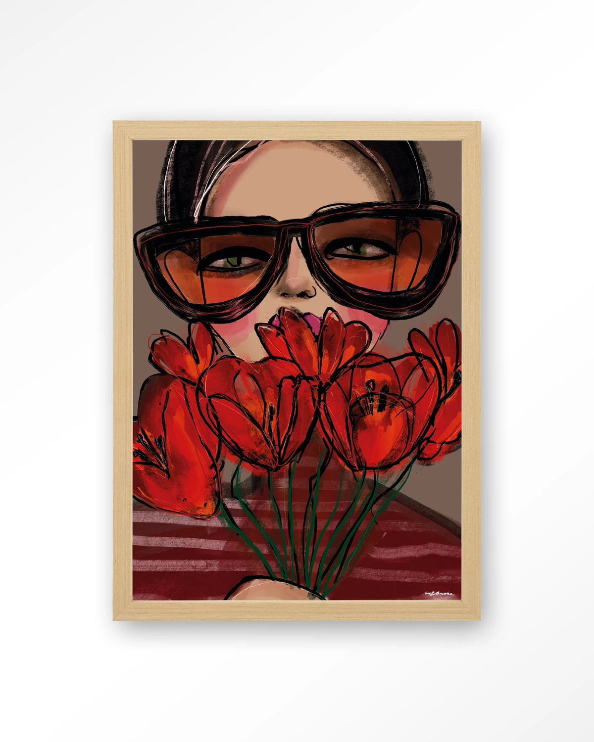 Poppy – vrouw met zonnebril en rode tulpen – Art print – Hout naturel