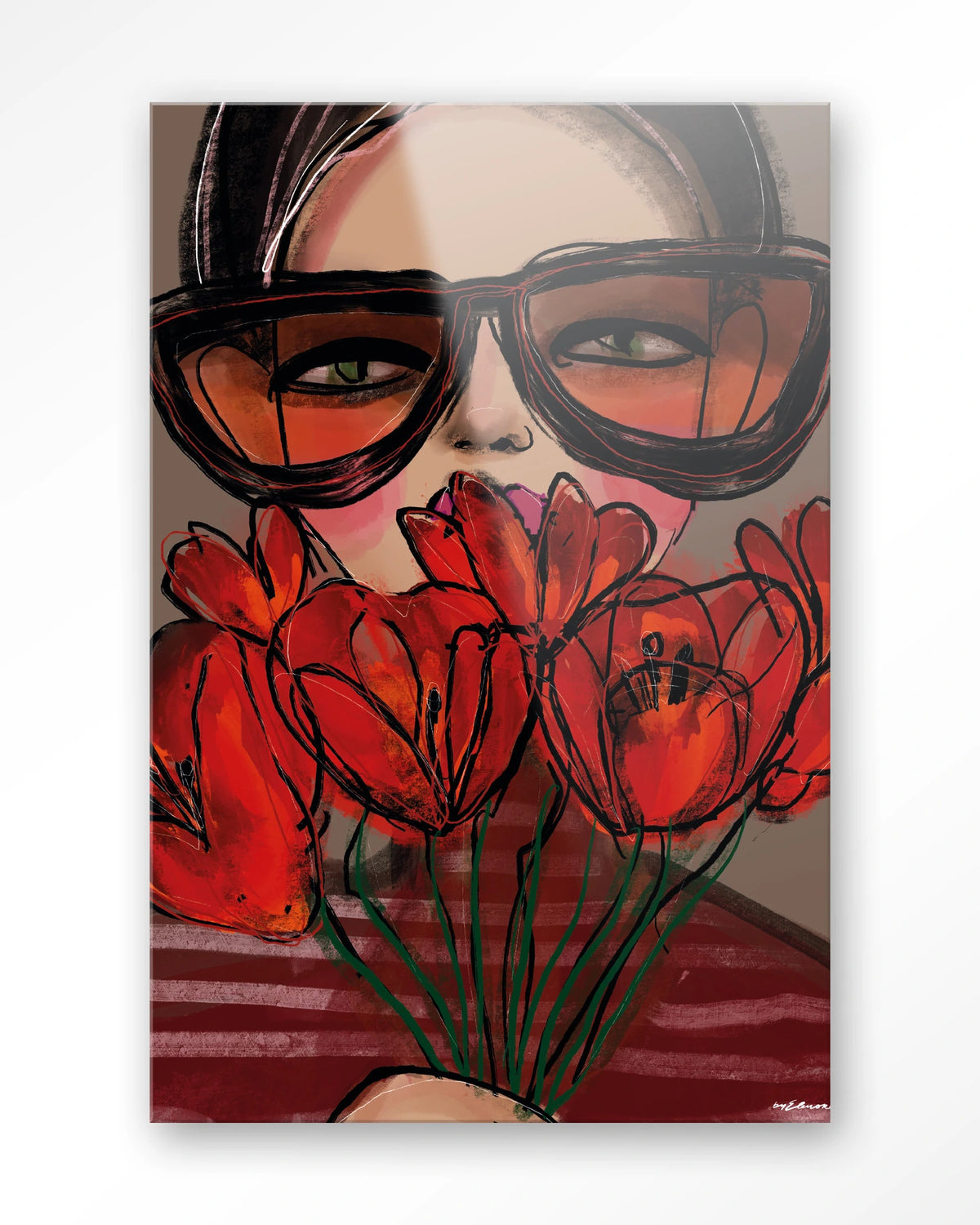Poppy – vrouw met zonnebril en rode tulpen – Glas – Blinde montage