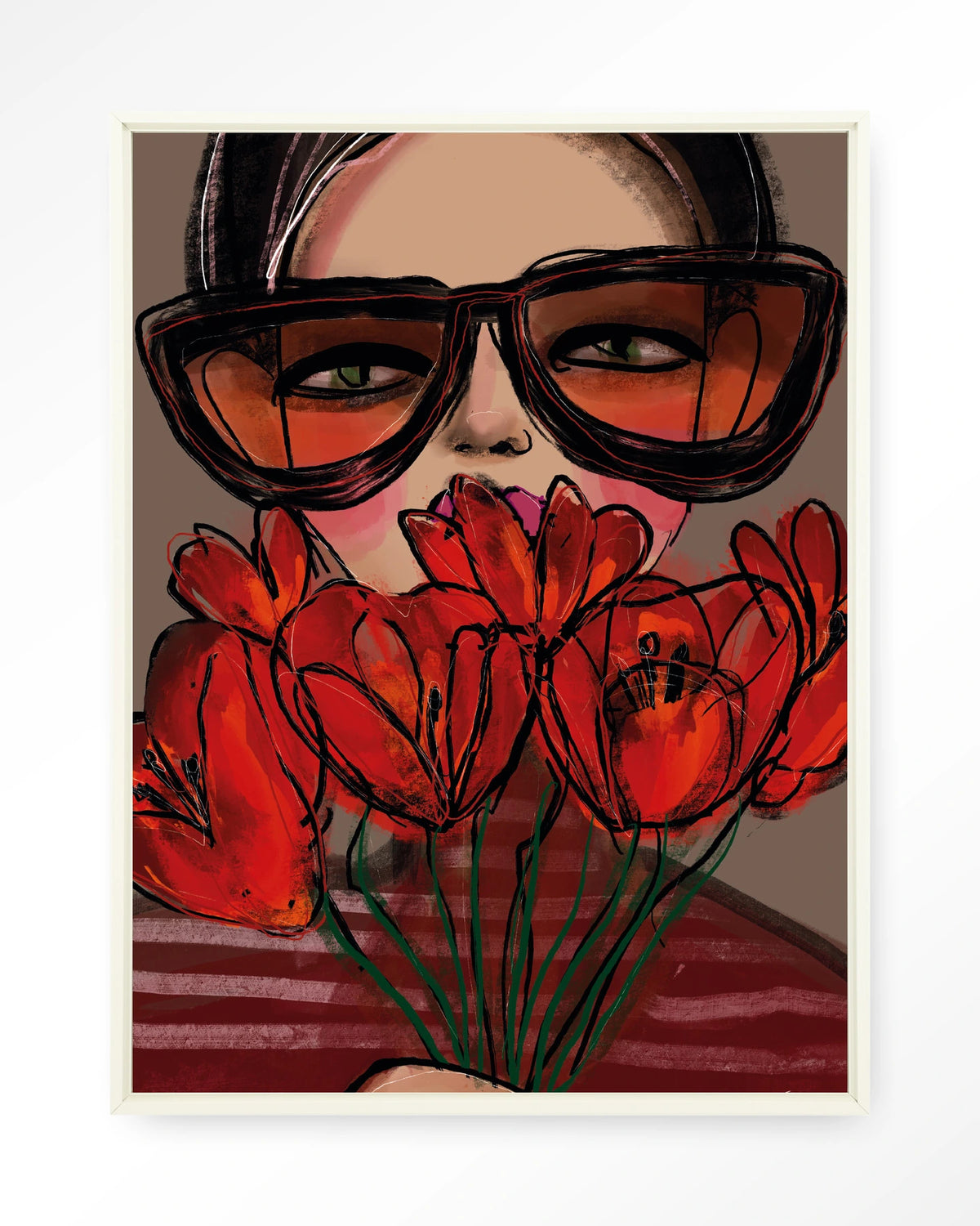 Poppy – vrouw met zonnebril en rode tulpen – Wandkleed – Floating frame – wit