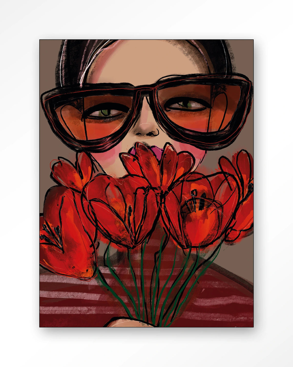 Poppy – vrouw met zonnebril en rode tulpen – Wandkleed – Frame – zwart