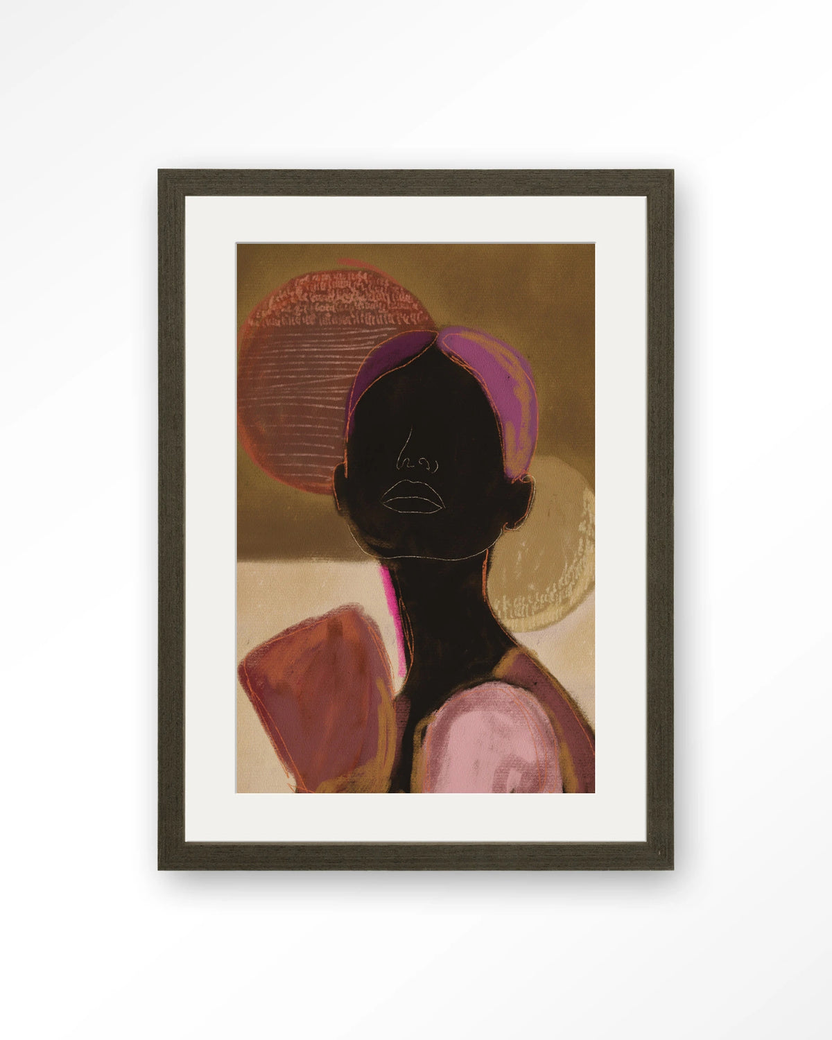 Silhouette Lady 2 – silhouet van een vrouw in aardetinten – Art print – Hout donkerbruin + passe-partout