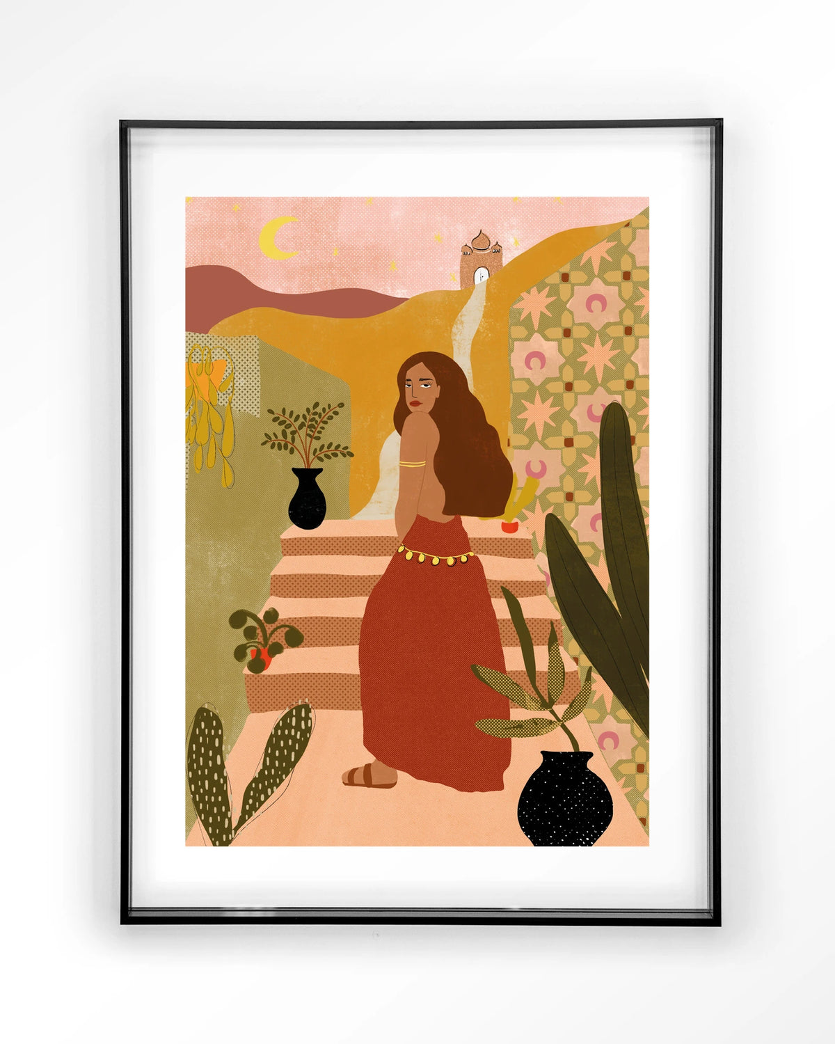 Caribbean Night – vrouw op trap in boho stijl – Art print – Acryl zwart
