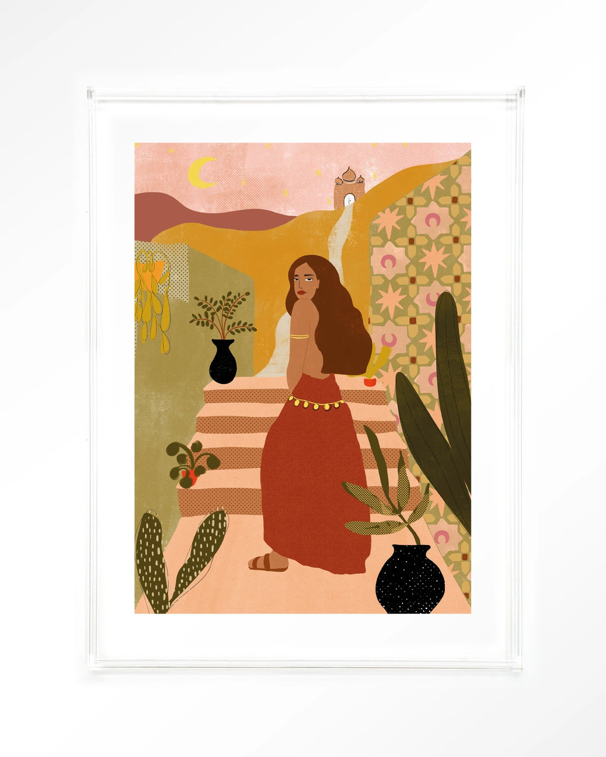 Caribbean Night – vrouw op trap in boho stijl – Art print – Acryl doorzichtig