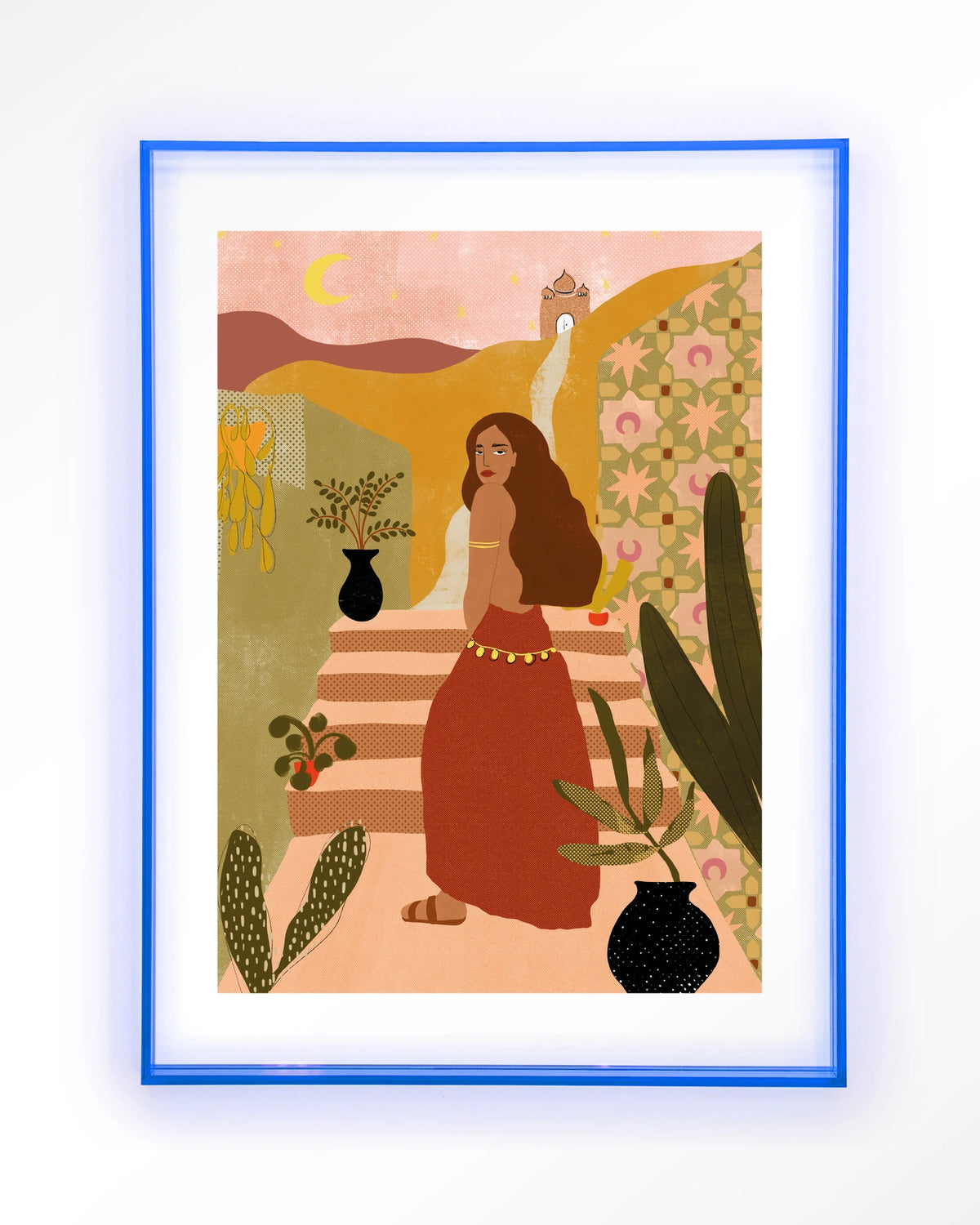Caribbean Night – vrouw op trap in boho stijl – Art print – Acryl lichtblauw