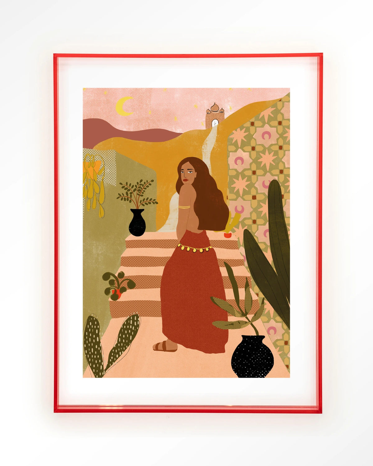 Caribbean Night – vrouw op trap in boho stijl – Art print – Acryl roze