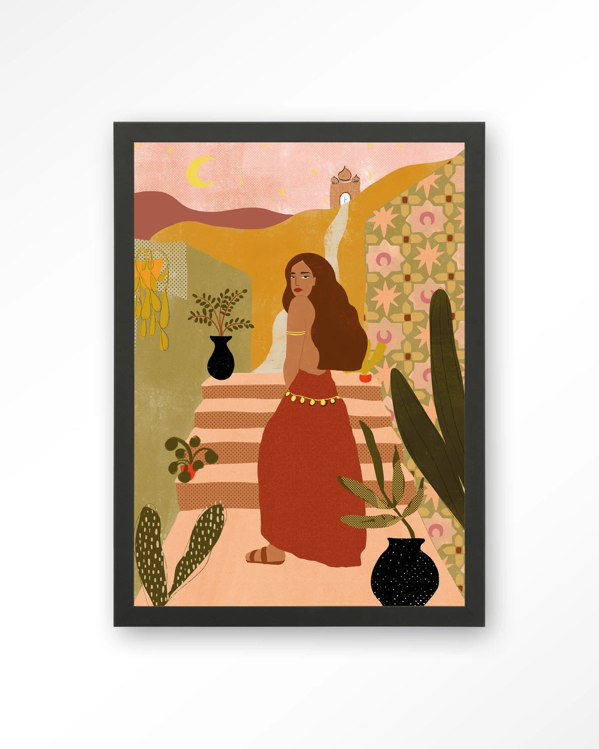 Caribbean Night – vrouw op trap in boho stijl – Art print – Hout zwart