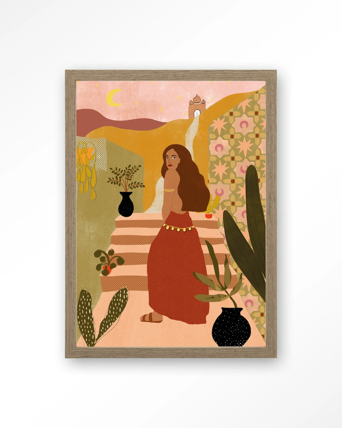 Caribbean Night – vrouw op trap in boho stijl – Art print – Hout bruin