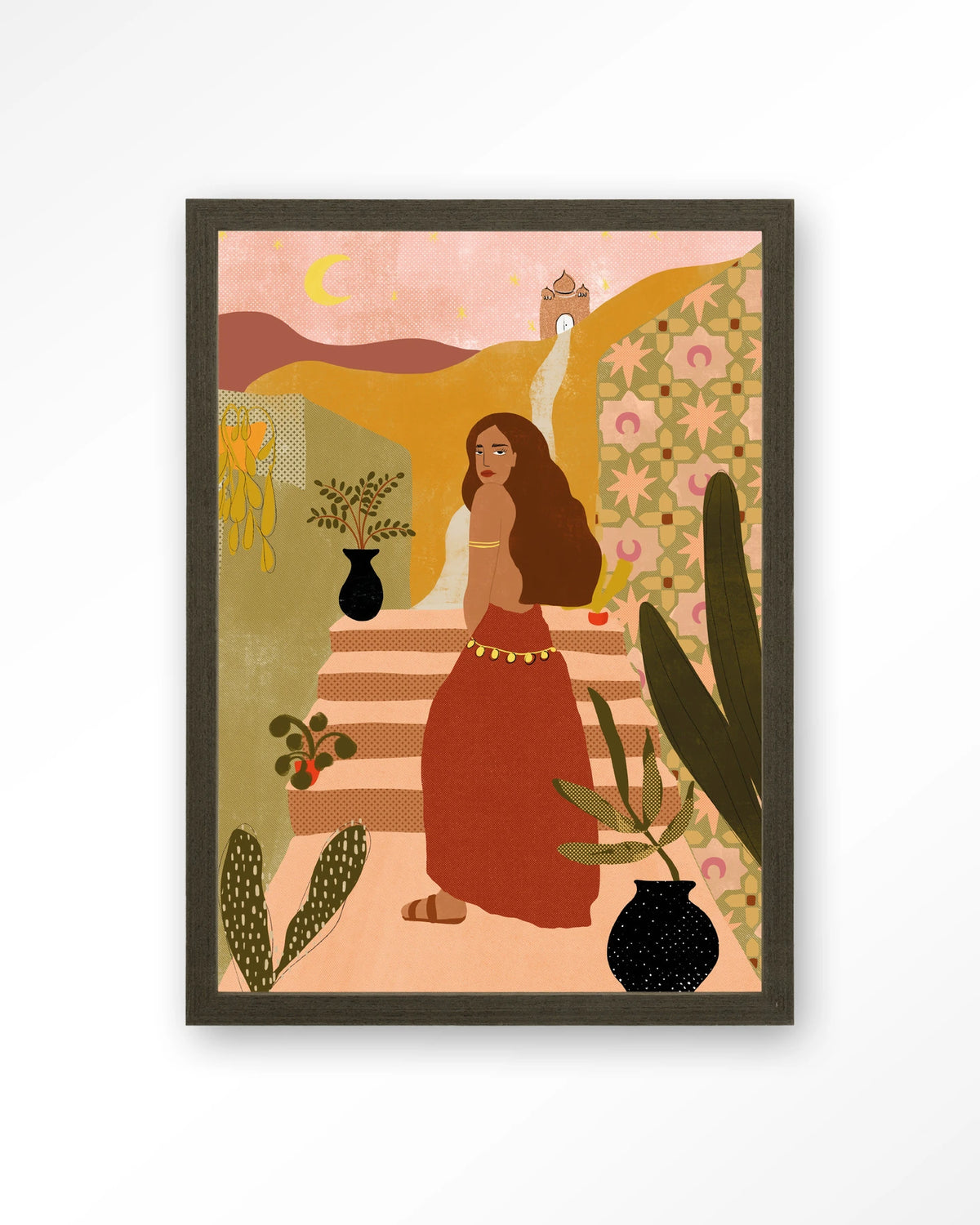 Caribbean Night – vrouw op trap in boho stijl – Art print – Hout donkerbruin