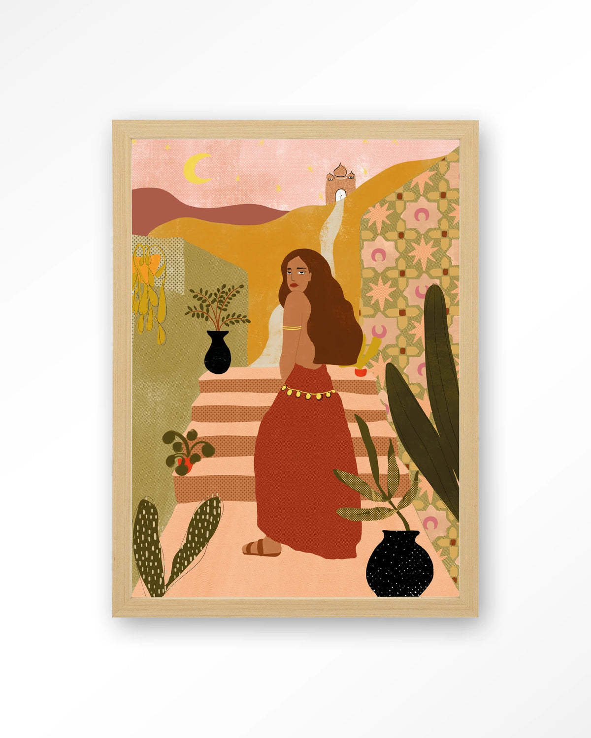 Caribbean Night – vrouw op trap in boho stijl – Art print – Hout naturel