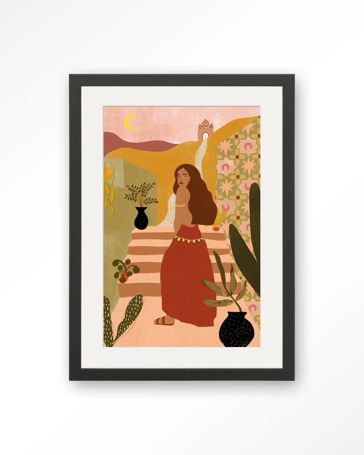 Caribbean Night – vrouw op trap in boho stijl – Art print – Hout zwart + passe-partout