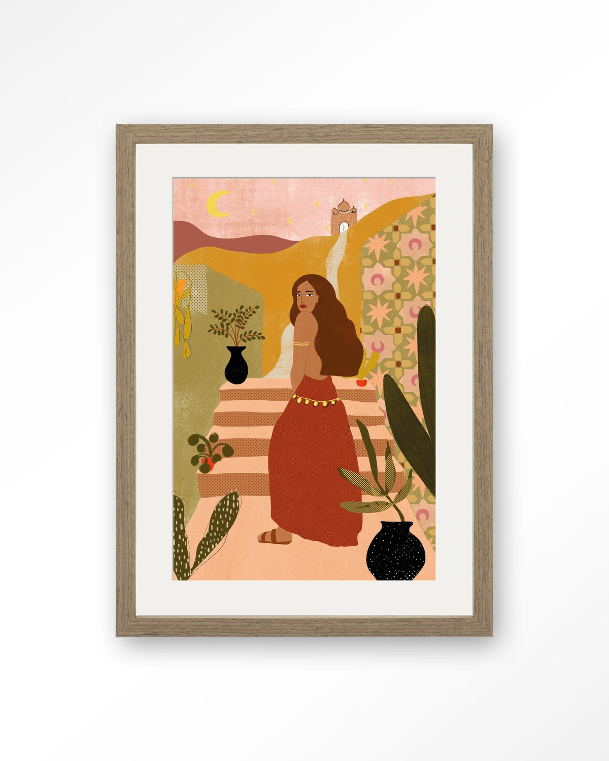 Caribbean Night – vrouw op trap in boho stijl – Art print – Hout bruin + passe-partout