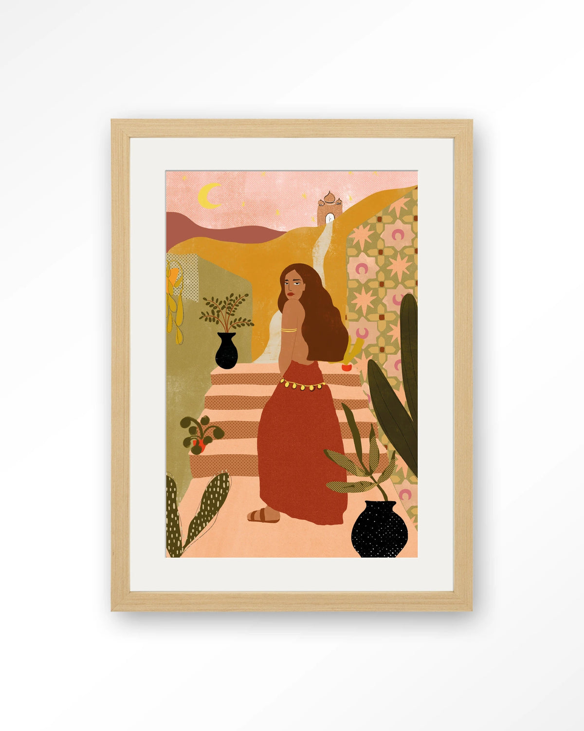 Caribbean Night – vrouw op trap in boho stijl – Art print – Hout naturel + passe-partout