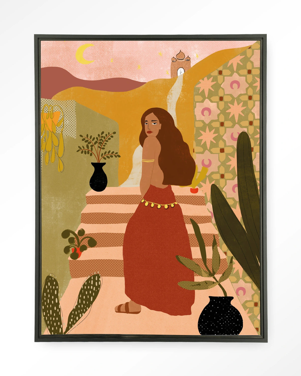 Caribbean Night – vrouw op trap in boho stijl – Wandkleed – Floating frame – zwart