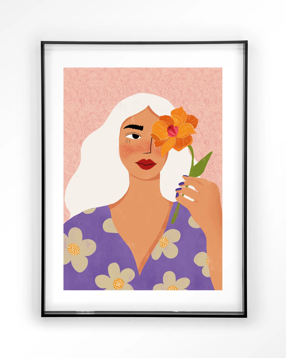 Flower Girly – vrouw met witte haren en bloem – Art print – Acryl zwart