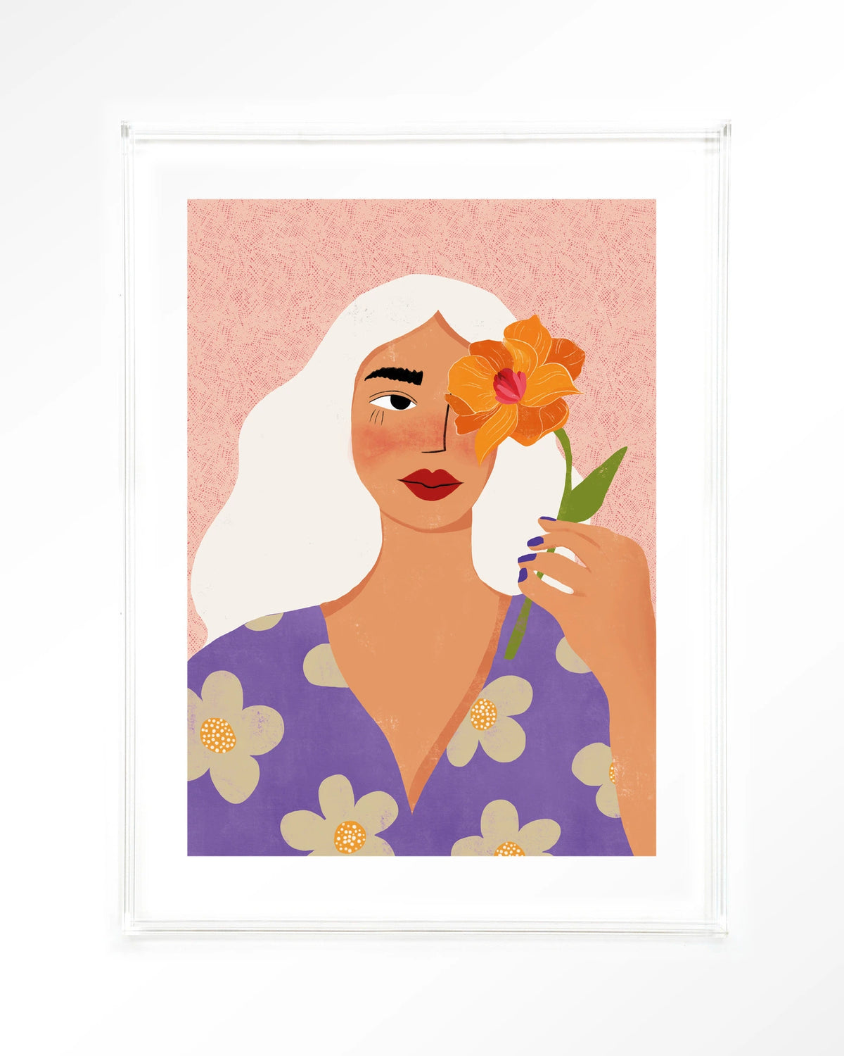 Flower Girly – vrouw met witte haren en bloem – Art print – Acryl doorzichtig